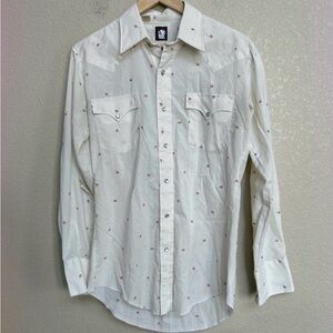 Vintage Karman Men’s Western Floral Snap Button Shirt Cream Pink Small 15.5 34